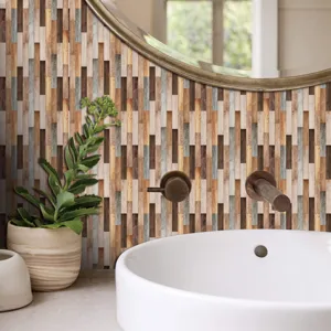 Wood grain tile sticker detail, waterproof self-adhesive wall decor for bathroom.