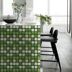 Kitchen island 3D mosaic tile sticker scene detail, green and white self adhesive DIY decor.
