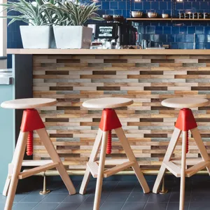 Detailed shot of wood grain texture wall tile sticker on counter, vintage style.