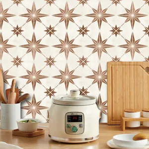 Close-up of retro geometric star pattern wall tile sticker, self-adhesive PVC for home decor.