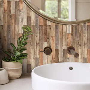 Detailed view of faux wood texture wall tile sticker, retro self adhesive bathroom wall decor.