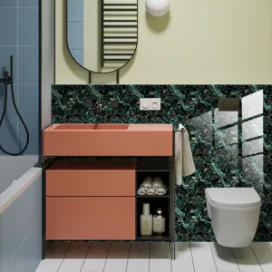 Waterproof self-adhesive marble tile stickers for modern bathroom wall decor and renovation.