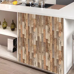 Retro wood grain self-adhesive wall sticker, vintage decorative film for kitchen counter or furniture.
