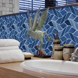 Blue wavy mosaic tile sticker detail, waterproof self adhesive PVC wall decor for bathroom use.