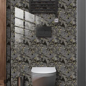 Zwart-gouden marmeren tegelsticker waterdichte zelfklevende wanddecoratie voor badkamer.
