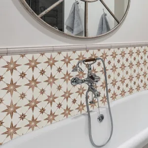 Detailed scene of decorative star mosaic tile sticker on bathroom wall with bathtub and mirror.