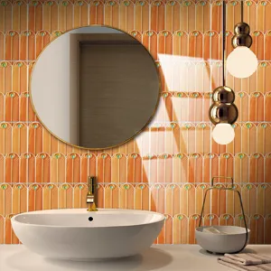 Detailed view of the luxury peacock feather tile sticker in a modern bathroom setup.