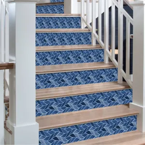 Blue geometric wave stair riser stickers self-adhesive PVC tile decals for home decor