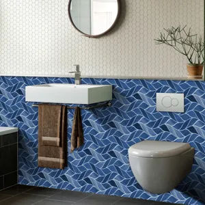 Blue mosaic tile stickers for bathroom wall decor, self-adhesive waterproof PVC material.