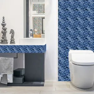 Blue wave mosaic tile stickers self adhesive waterproof PVC wall decor for bathroom interior design
