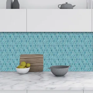 Turquoise diamond pattern wall tile sticker, self-adhesive PVC wallpaper for kitchen backsplash decor.