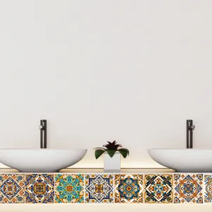 Moroccan tile stickers detail view on modern bathroom counter with vivid geometric patterns.