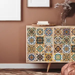 Moroccan tile sticker detail, vintage geometric furniture decor, self adhesive wall art backdrop.