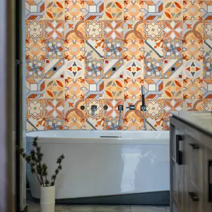 Vista dettagliata di adesivi per piastrelle in stile retro per decorazioni murali.