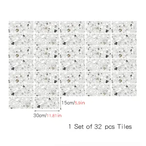 Grey terrazzo tile sticker detail view, self-adhesive crystal film wall floor tiles 32pcs.