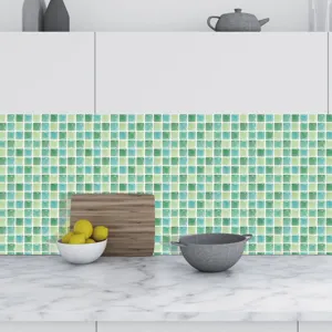 Adhésif carrelage mosaïque 3D brillant vert, décoration murale cuisine imperméable.