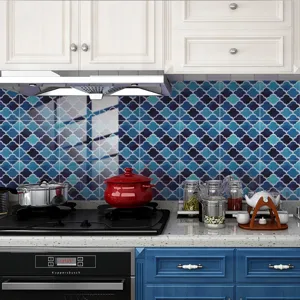 Sticker carrelage décoratif 3D écailles de poisson bleu, adhésif mural pour cuisine et maison