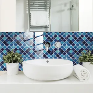 Detail adhesif carrelage salle de bains lotus bleu ecaille de poisson effet 3D.