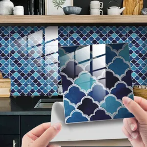 Autocollant carrelage motif ecaille cristal bleu autocollant mural de detail vue