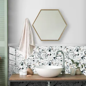 Terrazzo wall sticker detail showcasing waterproof crystal film texture for bathroom decor.
