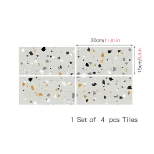 Terrazzo tile sticker detail showing grey multi-color chips pattern, self-adhesive, set of 4.