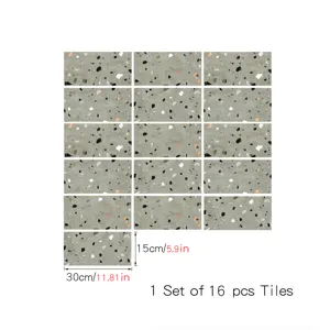 Terrazzo tile sticker detail showing grey pattern, 15x30cm size and 16 pieces set layout.