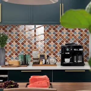 Vue détail de crédence de cuisine, adhésif carrelage lotus 3D film cristal, déco moderne.