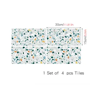 Detail view showing a set of 4 terrazzo pattern peel and stick tile stickers, size 30x15cm.