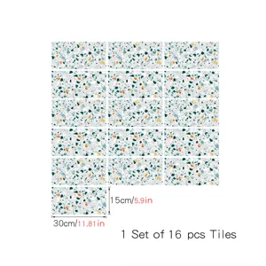 Terrazzo crystal film tile stickers, 16 pcs set, waterproof self-adhesive wall and floor decor.