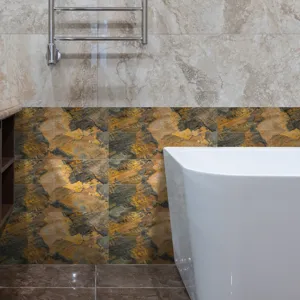 Vue détaillée montrant des autocollants de carrelage en marbre sur un mur de salle de bain.