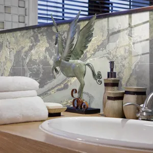 Vue detaillee autocollant carrelage effet marbre, film mural impermeable pour decoration.