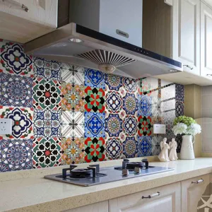 Moroccan retro tile sticker detail showing intricate geometric patterns for kitchen backsplash decor.