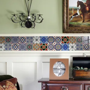 Detailed shot of Moroccan self-adhesive tile stickers featuring retro geometric patterns.