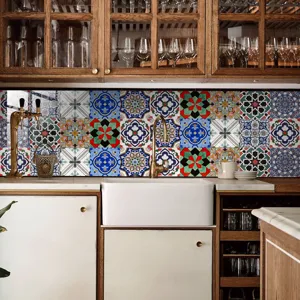 Moroccan retro tile sticker detail showing vibrant colorful geometric patterns in kitchen setup.