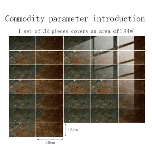 Vue détaillée des autocollants de carrelage effet marbre adhésifs avec dimensions et surface.