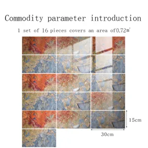 Autocollants de carrelage effet marbre film cristal, set de 16 pcs, 30x15cm, 0.72 m².