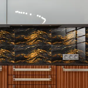 Autocollants de carrelage en marbre noir et or imperméable pour crédence de cuisine