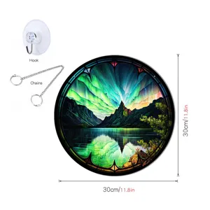 Circular aurora wall hanging decor with hook and chain, 30cm colorful stained glass style art.