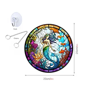 Colorful stained glass mermaid wall hanging decor with hook and chain, 20cm home art.