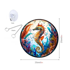Stained Glass Seahorse Wall Art Hanging Decor with Chain Hook 20cm 8in Window Ornament