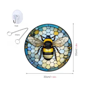 Round stained glass bee wall hanging plaque home decoration with hook and chains.