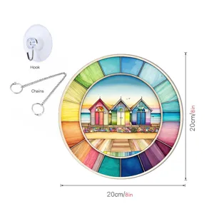 Colorful beach hut round wall hanging decoration with suction hook and chain, 20cm