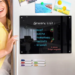 Clear acrylic magnetic dry erase calendar board for fridge with markers and grocery list design.
