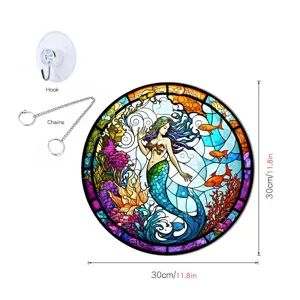 Stained glass mermaid hanging ornament with hook and chain, colorful wall decor for home.