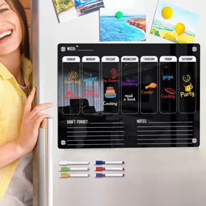 Acrylic magnetic weekly calendar board for fridge with dry erase markers and memo notes.