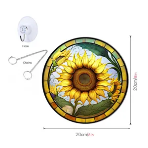 Round sunflower stained glass hanging ornament with chain and hook, 20cm home decor wall art