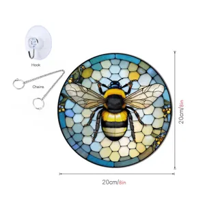 Stained glass bee wall hanging round home decor plaque with metal hook and chain 20cm size