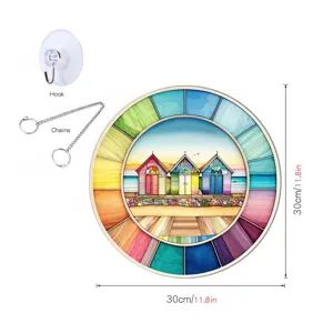Round stained glass style beach house hanging ornament with hook and chain, 30cm/11.8in