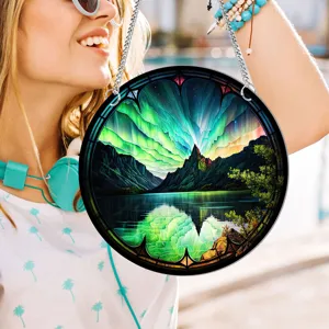 Aurora stained glass round window hanging home wall decor pendant with chain 30cm