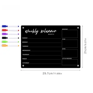 Clear acrylic weekly planner dry erase board with 6 colored markers for office home schedule.